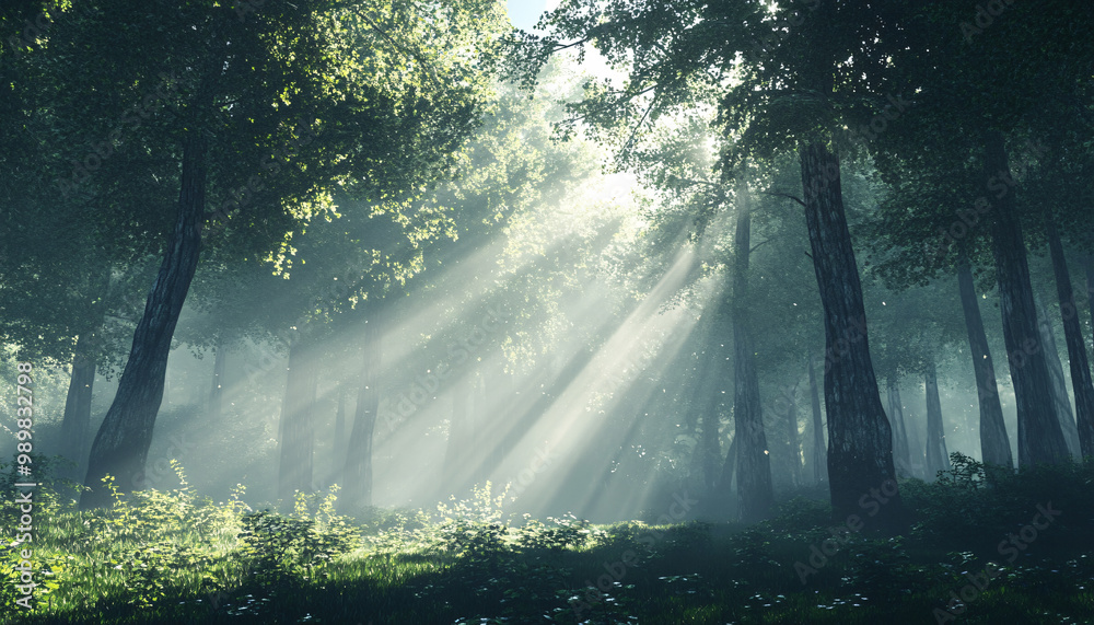 Tall, misty trees with sunlight streaming through the branches, creating a magical and mysterious forest atmosphere Tall, misty trees with sunlight streaming through the branches, creating a magical and mysterious forest atmosphere