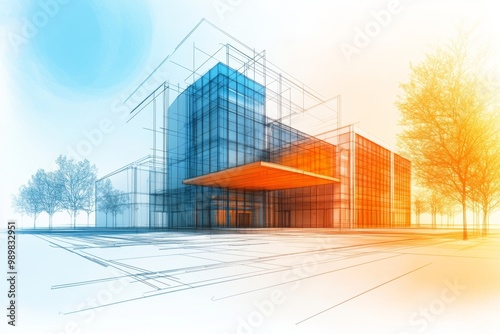 Architectural blueprint of a modern commercial building design with trees in a conceptual urban environment