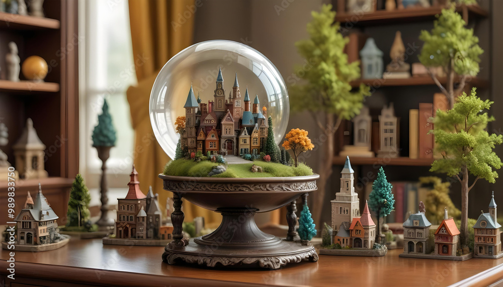 glass globe containing a miniature city with skyscrapers glass globe containing a miniature city with skyscrapers