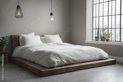 Minimalist bedroom with wooden bed and plants.