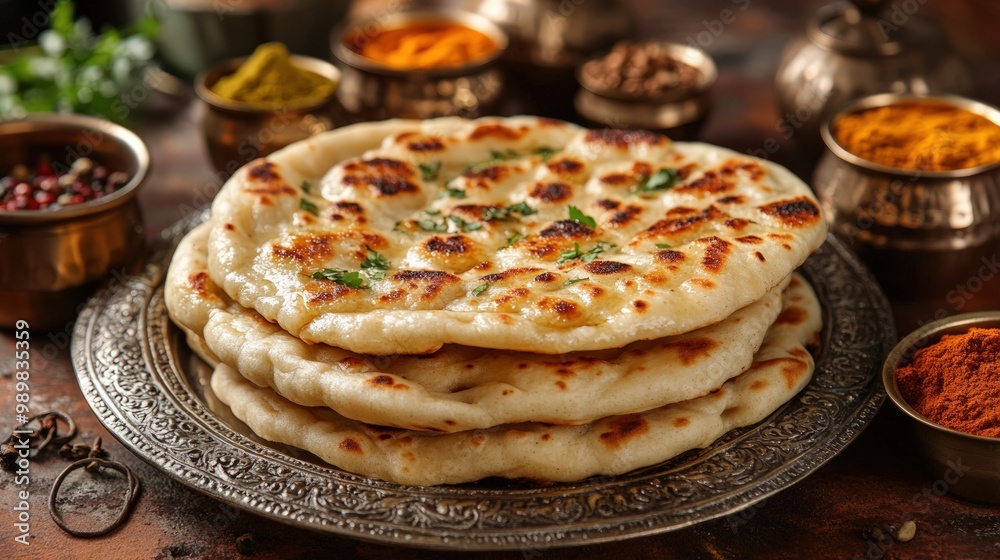 Freshly baked naan bread on a silver platter surrounded by spices. Freshly baked naan bread on a silver platter surrounded by spices.