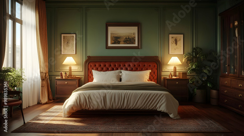 Elegant Bedroom Interior Design with Green Walls and Wood Floors - 3D Illustration