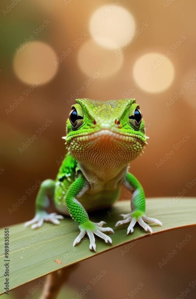 A vibrant green lizard perched on a leaf with a blurred background. A vibrant green lizard perched on a leaf with a blurred background.