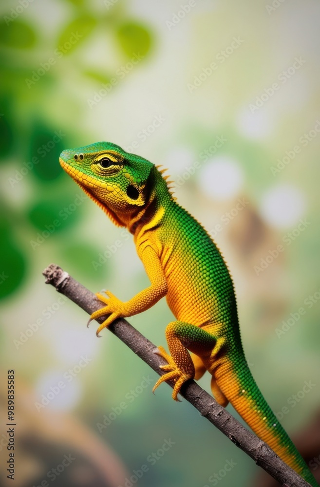 A vibrant lizard perched on a branch, showcasing its colorful scales in a natural setting. A vibrant lizard perched on a branch, showcasing its colorful scales in a natural setting.