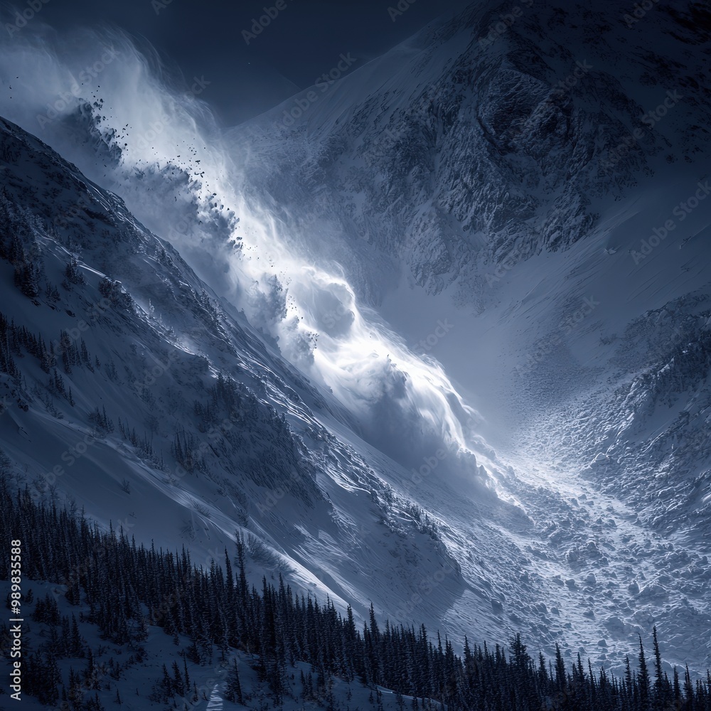Obraz premium Dramatic snow avalanche rushing down a steep mountain slope