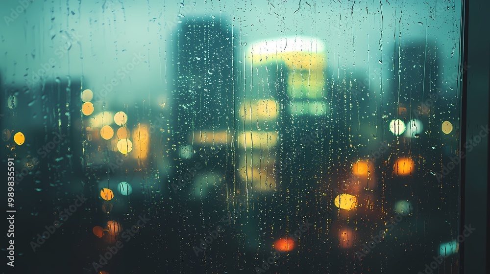 Abstract cityscape through rain-covered window with glowing lights and soft bokeh. Abstract cityscape through rain-covered window with glowing lights and soft bokeh.