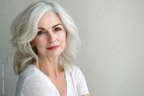 Mature woman with beautiful skin and silver hair looking confidently at the camera against a plain white background