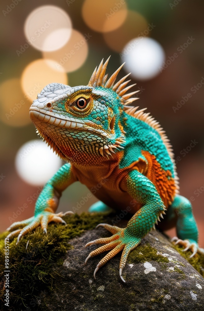 Fototapeta premium A vibrant lizard perched on a mossy rock with a blurred background.
