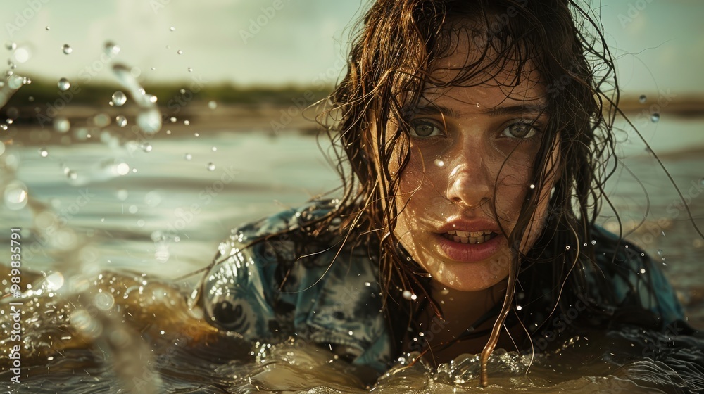 Fototapeta premium Close-up of woman emerging from water with wet hair