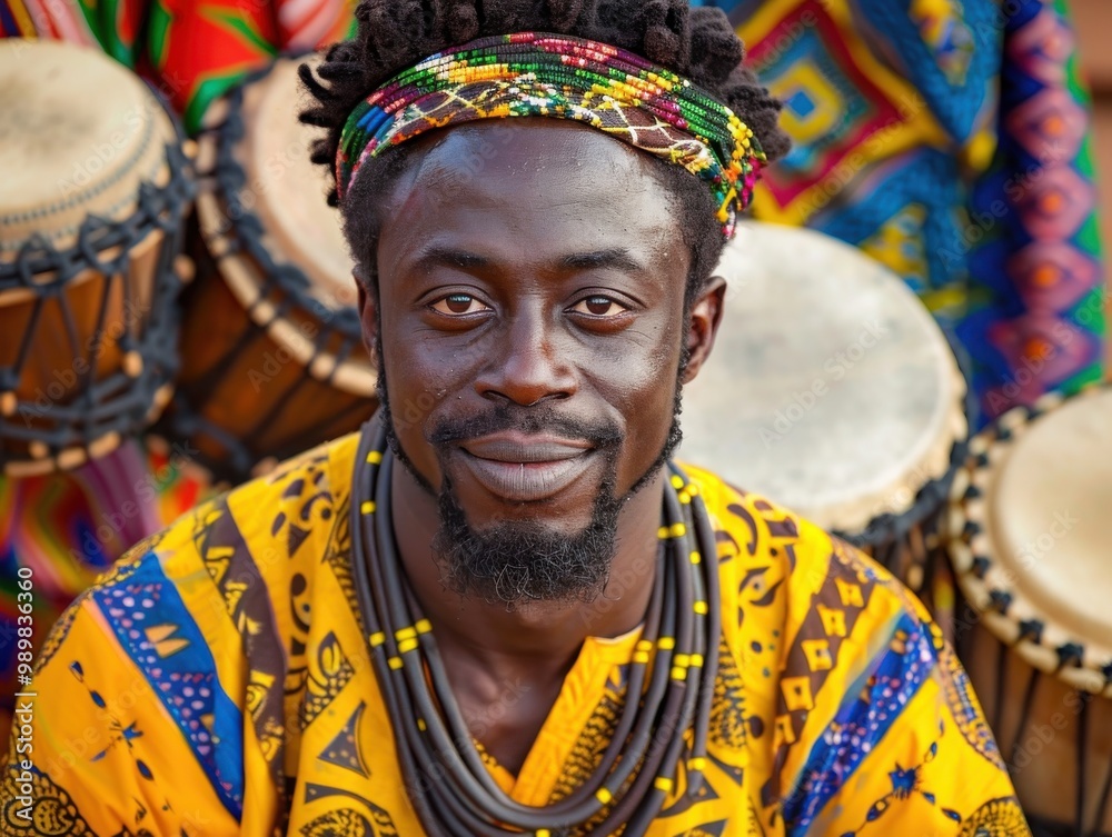Obraz premium Smiling African drummer in colorful traditional attire