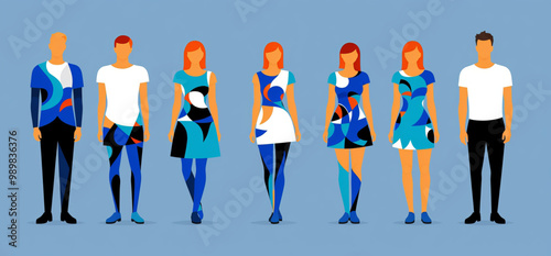 redhead people standing posing in blue abstract clothes, neutral background, vectorized