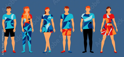 set of redhead people posing wearing blue scheme fashion clothes, neutral background, vectorized