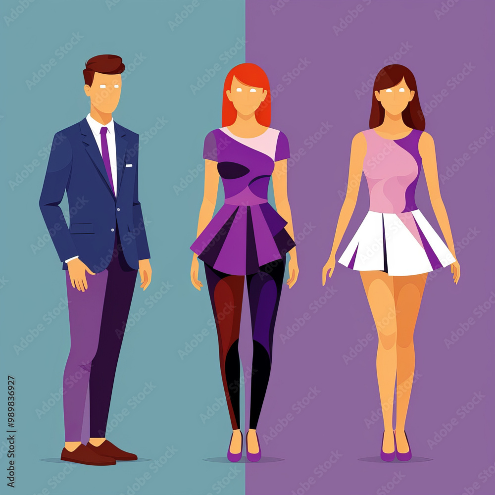 fashion people in poses catwalking, purple scheme, vectorized fashion people in poses catwalking, purple scheme, vectorized