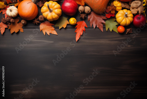 Autumn harvest arrangement with colorful pumpkins and leaves on a dark wooden surface photo