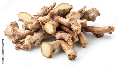 Alpinia galanga or blue ginger dried root on white background
