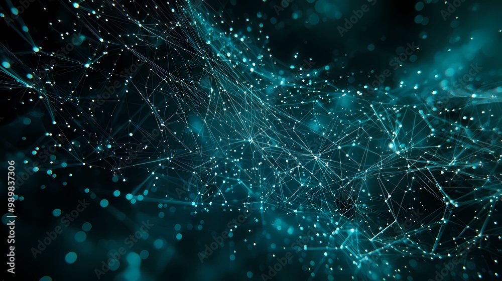 Obraz premium Abstract digital network visualization with glowing teal and blue lines and dots.