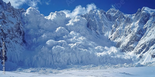 Dramatic snow avalanche rushing down a steep mountain slope