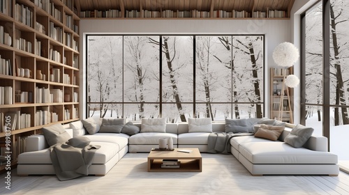 Cozy winter living room with a large sectional and stunning snowy forest view through glass walls