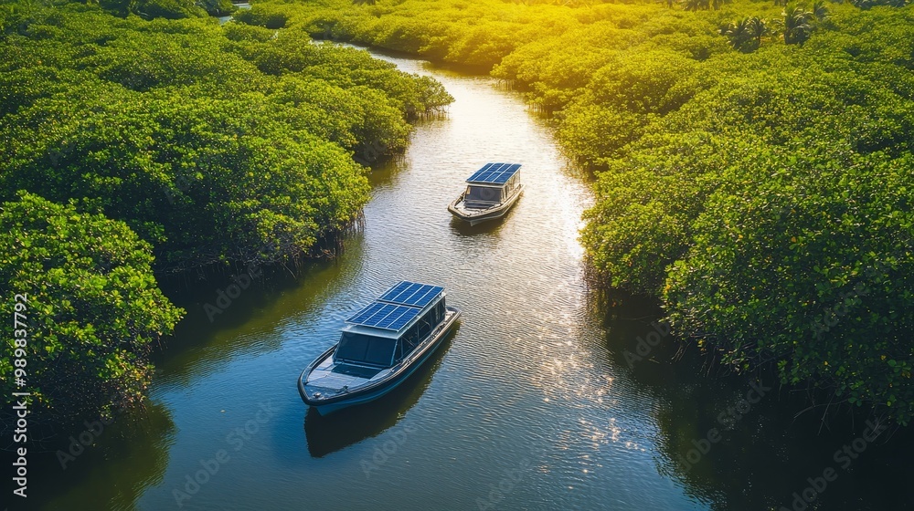 Eco-Friendly Solar-Powered Boats Gliding Through Lush Green Mangrove Forest, Promoting Sustainable Tourism in Natural Habitat Eco-Friendly Solar-Powered Boats Gliding Through Lush Green Mangrove Forest, Promoting Sustainable Tourism in Natural Habitat