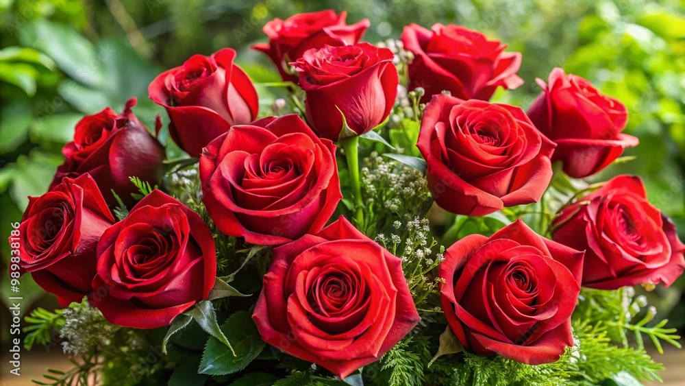 A Beautiful Arrangement of a Dozen Red Roses with Lush Greenery for Romantic Occasions and Gifts A Beautiful Arrangement of a Dozen Red Roses with Lush Greenery for Romantic Occasions and Gifts