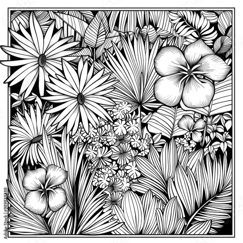 Black and white floral pattern. Tropical ink illustration background. Outline illustration for postcard, woodcut, diy projects. photo