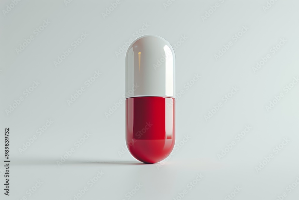 Against a light white background, minimalist product photography highlights a white and red capsule pill with modernist design in 3D mock-up rendering. Against a light white background, minimalist product photography highlights a white and red capsule pill with modernist design in 3D mock-up rendering.