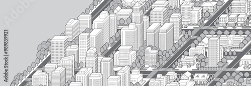 都市景観の立体イラスト.  建物のベクターイラスト.