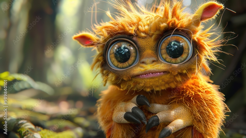 Fototapeta premium Hyper-realistic 3D cute monster with large expressive eyes and fluffy fur or scales, posed playfully against an enchanted forest backdrop.
