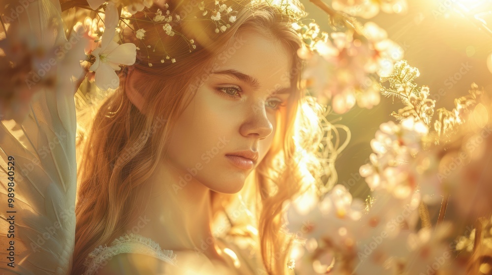 Radiant young woman with white angel wings, standing in a sun-drenched garden. Scene is filled with a sense of magic and tranquility, with golden light highlighting her angelic presence. Radiant young woman with white angel wings, standing in a sun-drenched garden. Scene is filled with a sense of magic and tranquility, with golden light highlighting her angelic presence.