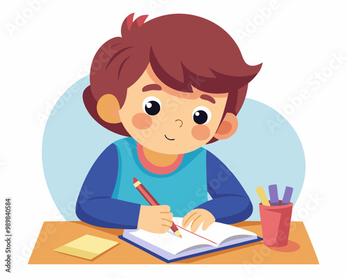 child writes intently in their notebook vector illustration