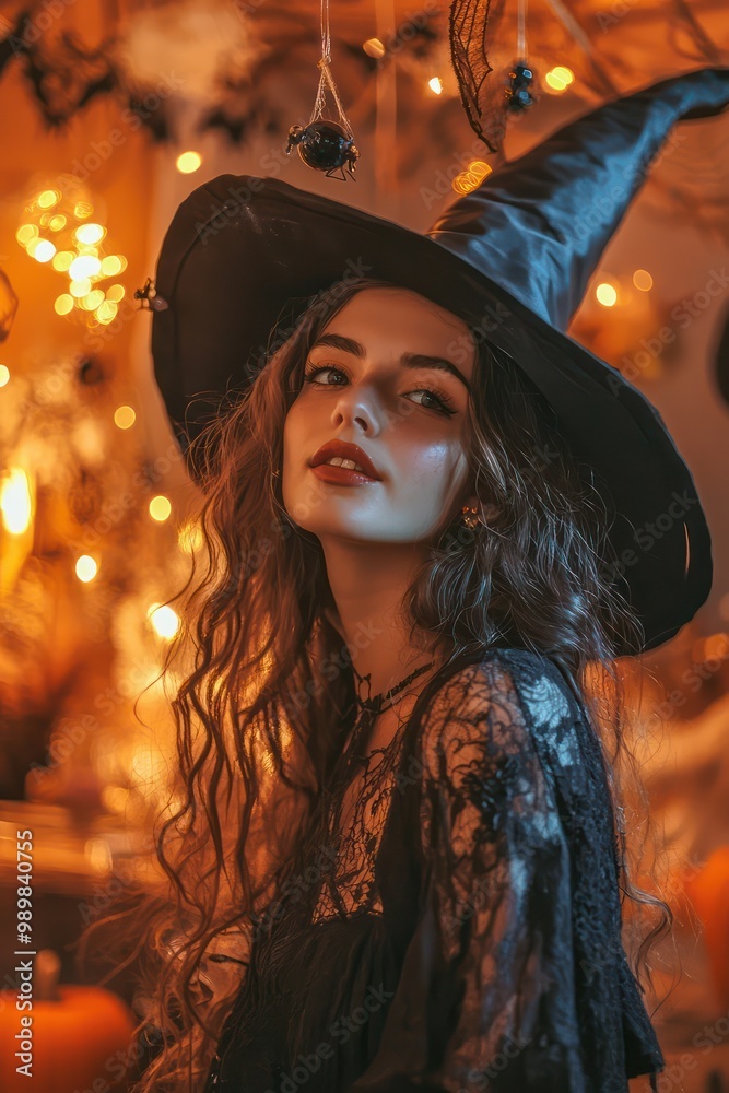Young witch at a Halloween party, surrounded by festive decorations.
