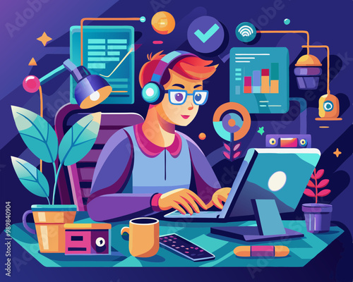 make a vector art having a techy guy doing develop vector illustration