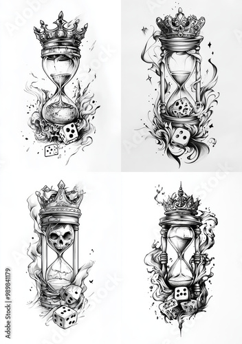 Hour glass and dice with crown on top tattoo design