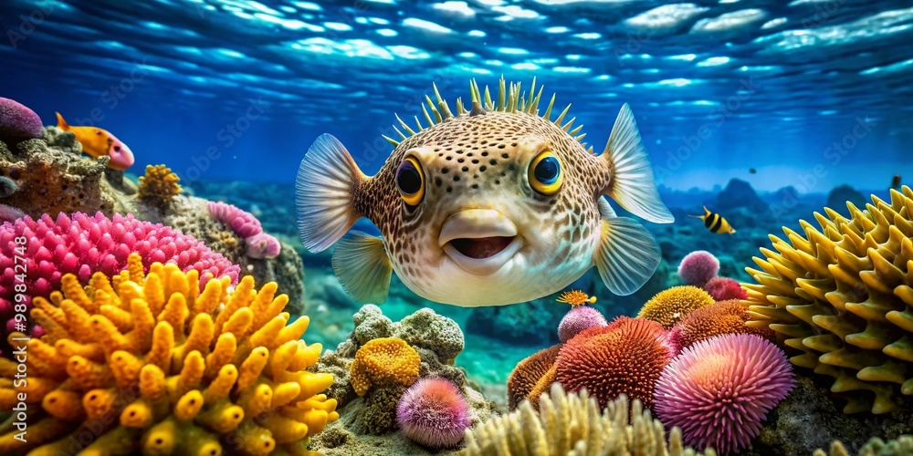 Adorable Blowfish Swimming Playfully in a Clear Blue Ocean with Vibrant Coral Reef Background Adorable Blowfish Swimming Playfully in a Clear Blue Ocean with Vibrant Coral Reef Background