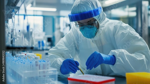 Researcher wearing protective gear working with highly infectious virus samples in a biohazard level epidemiology lab photo