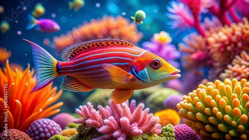 Adorable Snailfish Swimming Gracefully in Clear Water with Colorful Corals and Marine Life Surrounding photo