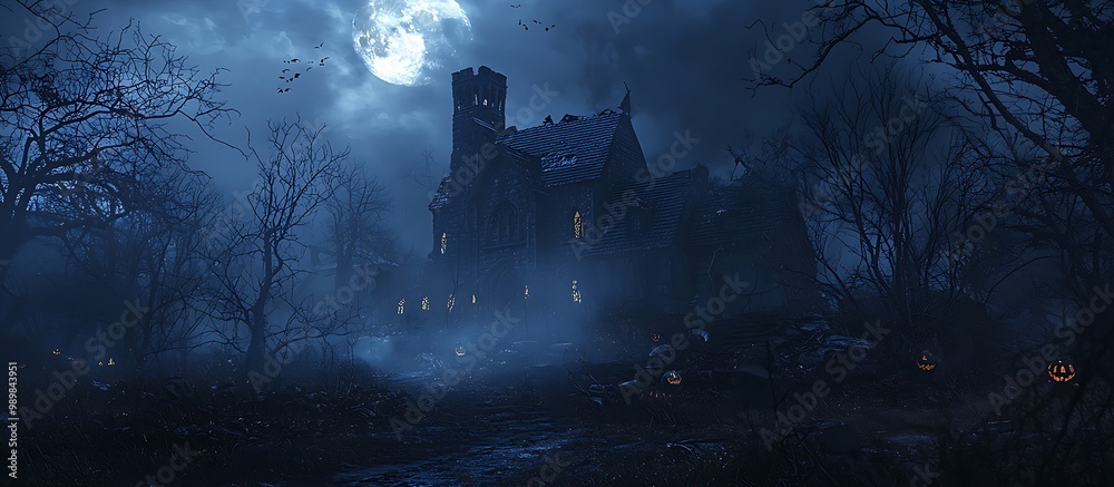 Chilling Halloween backdrop featuring a haunted house and eerie night elements.