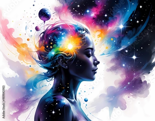 illustration of a woman with a colorful and shining head depicting the greatness of the human brain. Generate AI