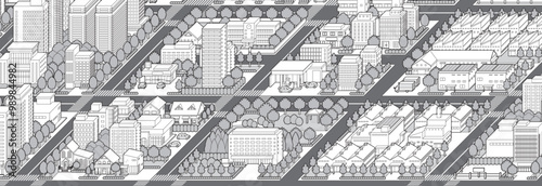 都市景観の立体イラスト.  建物のベクターイラスト.