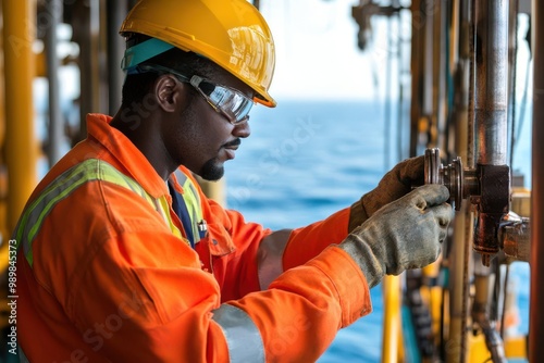 Oil rig worker inspecting the integrity of drill bits before sending them down into the ocean floor photo