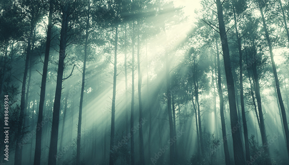 Fototapeta premium Tall, misty trees with sunlight streaming through the branches, creating a magical and mysterious forest atmosphere
