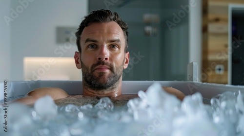 Caucasian man relaxing in a bathtub filled with ice, practicing cold exposure therapy indoors, focused and serene. photo