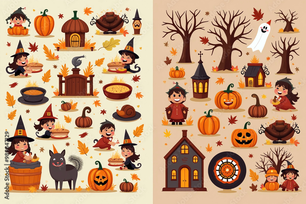 Fototapeta premium Playful Halloween and autumn-themed illustrations featuring children, pumpkins, and festive elements.