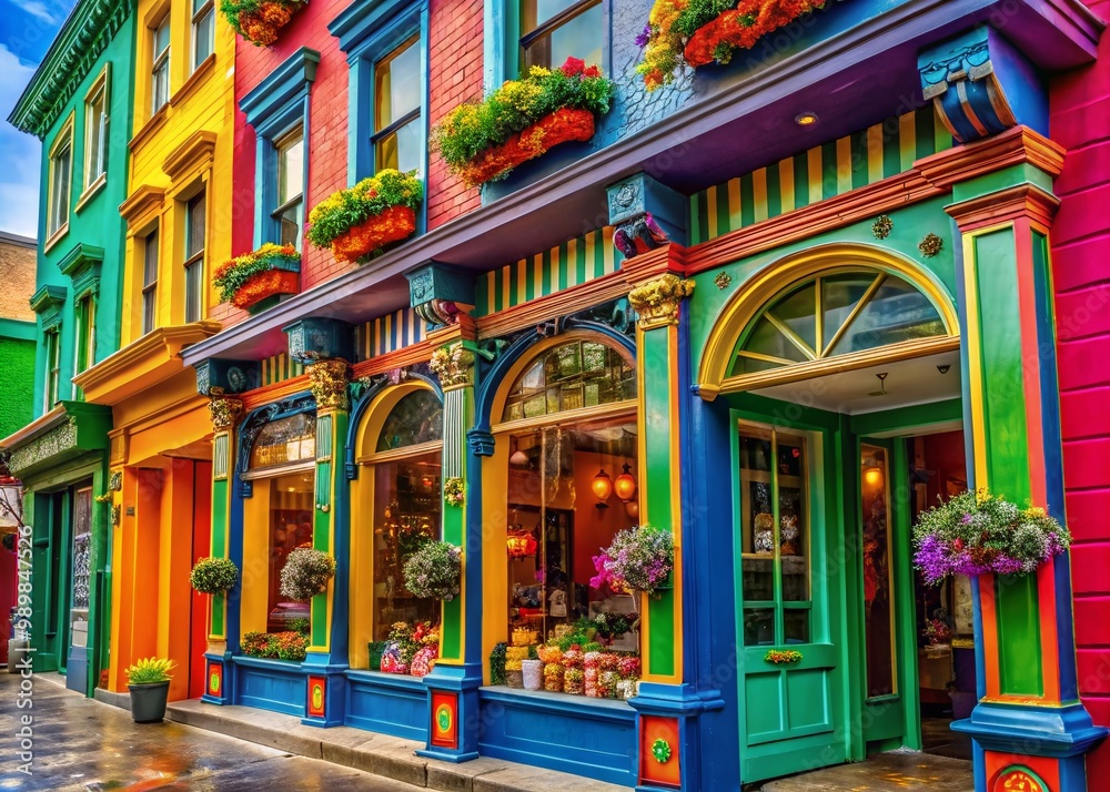 Fototapeta premium Beautiful Architectural Details of a Retail Storefront with Bright Colors and Eye-Catching Signage