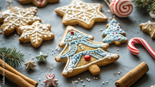 Colorful gingerbread cookies decorated with icing, candy canes, and cinnamon sticks for holidays