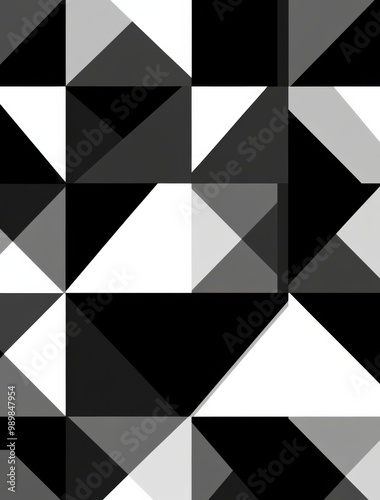 Geometric abstract design featuring a pattern of black and white squares with triangles , set against a monochrome gray background.