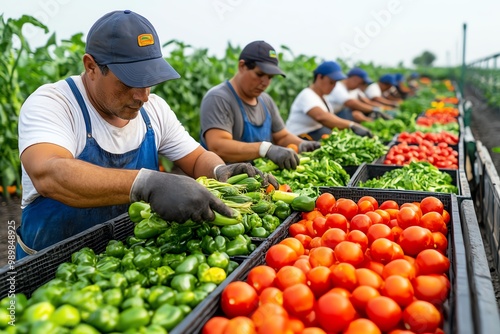 A group of farmers sorting freshly picked vegetables, preparing them for transport to local markets photo