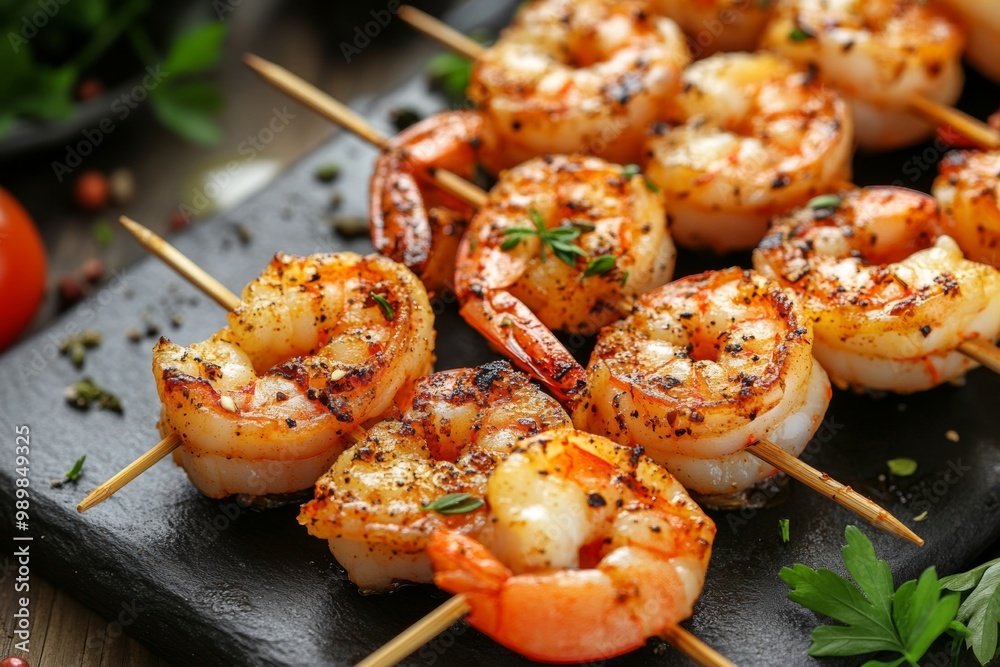 Grilled shrimp skewers seasoned with fresh herbs and spices on a black plate ready for a delicious meal Grilled shrimp skewers seasoned with fresh herbs and spices on a black plate ready for a delicious meal
