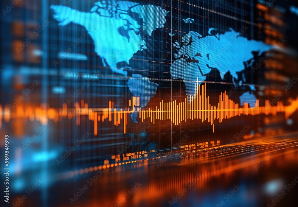 Obraz premium Digital background featuring stock market charts and graphs with a blurred world map in the foreground, conveying an atmosphere of global financial innovation and diversity. 