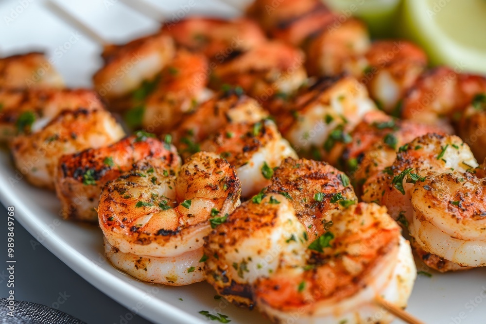 Delicious shrimp skewers seasoned with herbs, grilled to perfection, served hot on a platter with lime wedges Delicious shrimp skewers seasoned with herbs, grilled to perfection, served hot on a platter with lime wedges